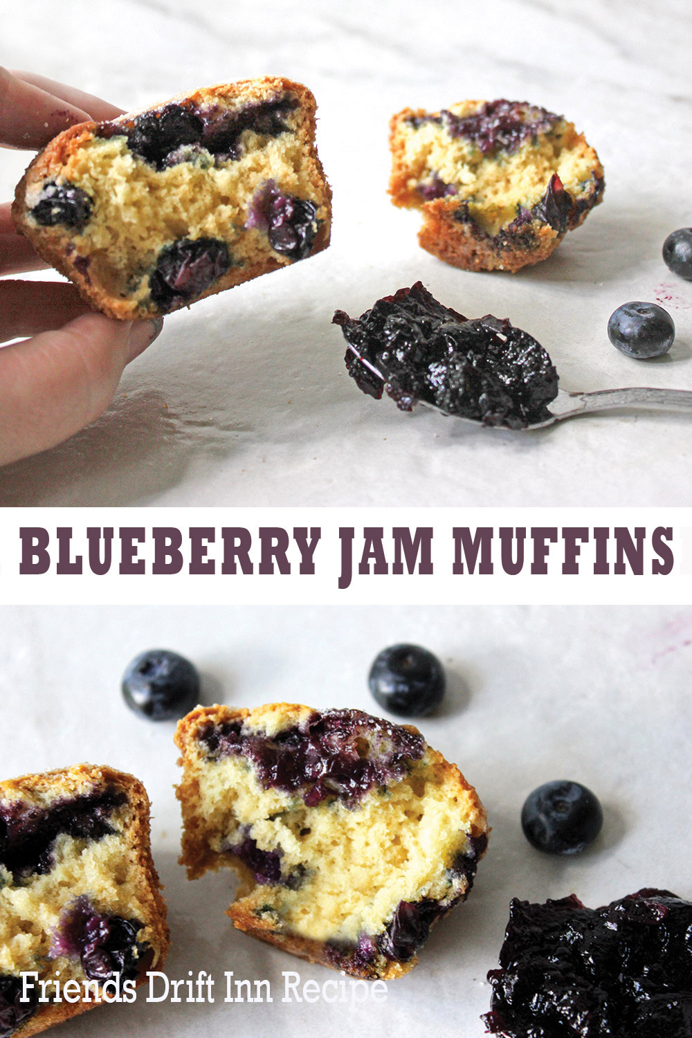 Split blueberry muffins with spoon of blueberry jam