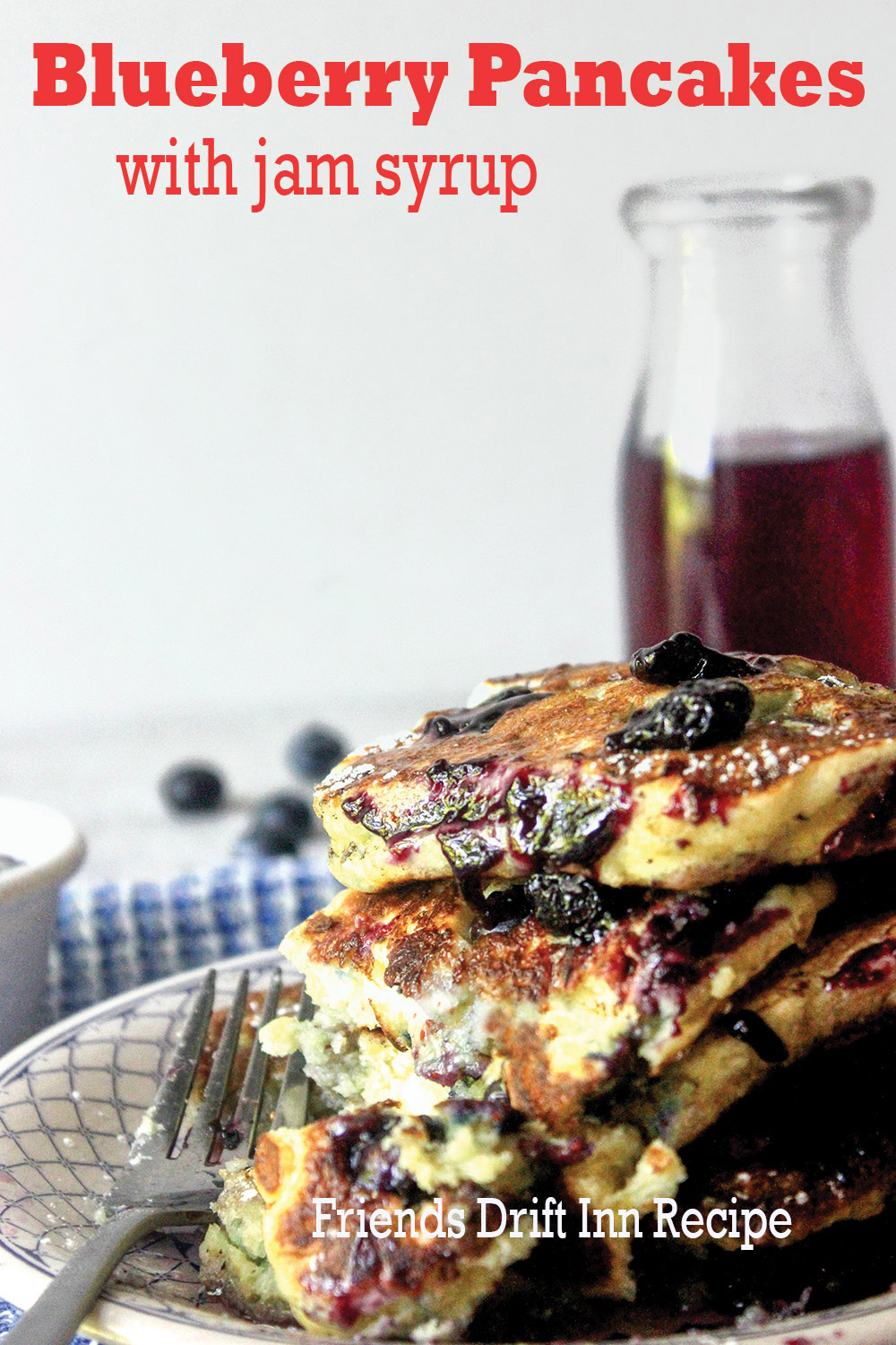 Blueberry buttermilk pancakes with blueberry jam syrup