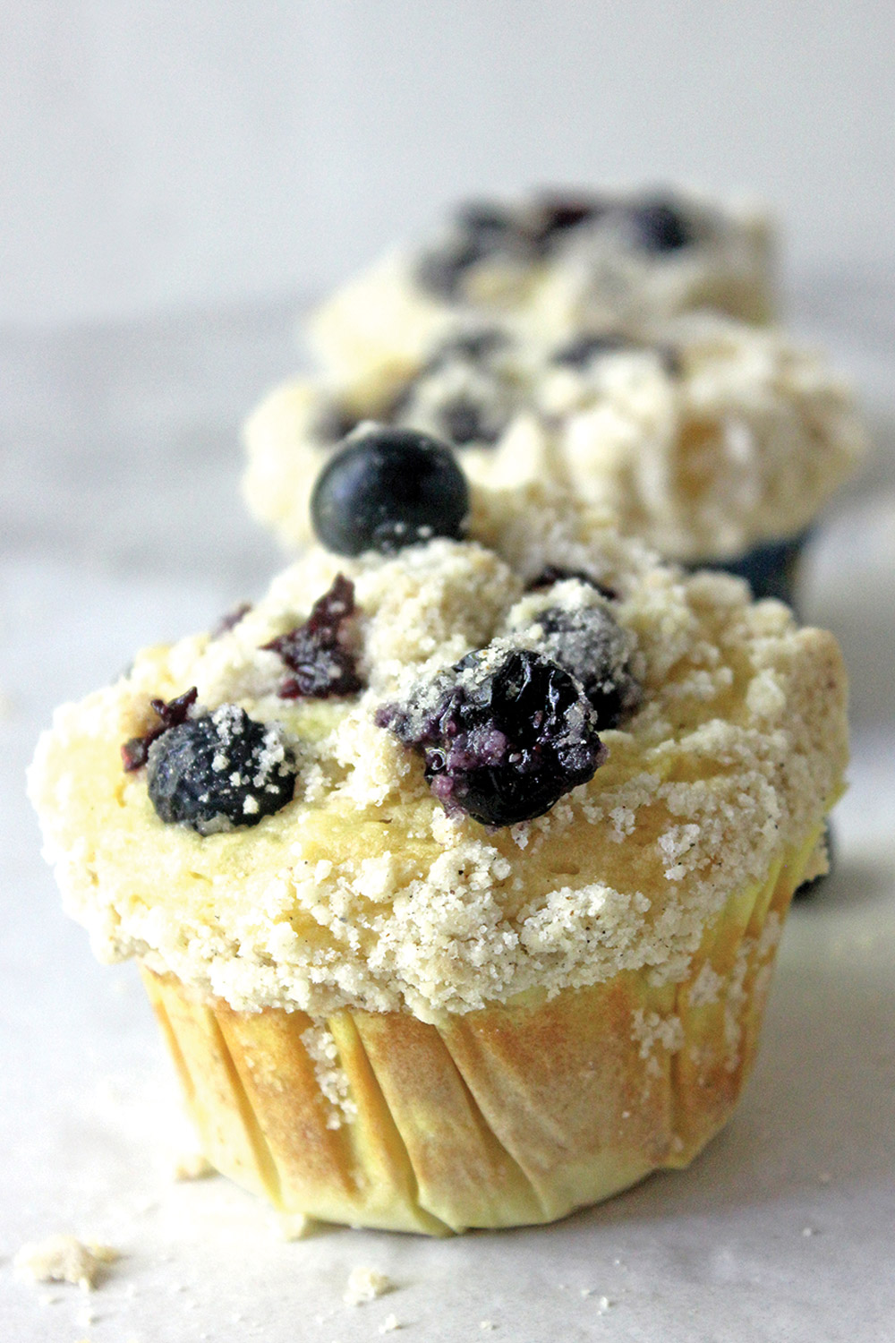 Cardamom blueberry muffins with crumble topping and blueberries lined up in a row.