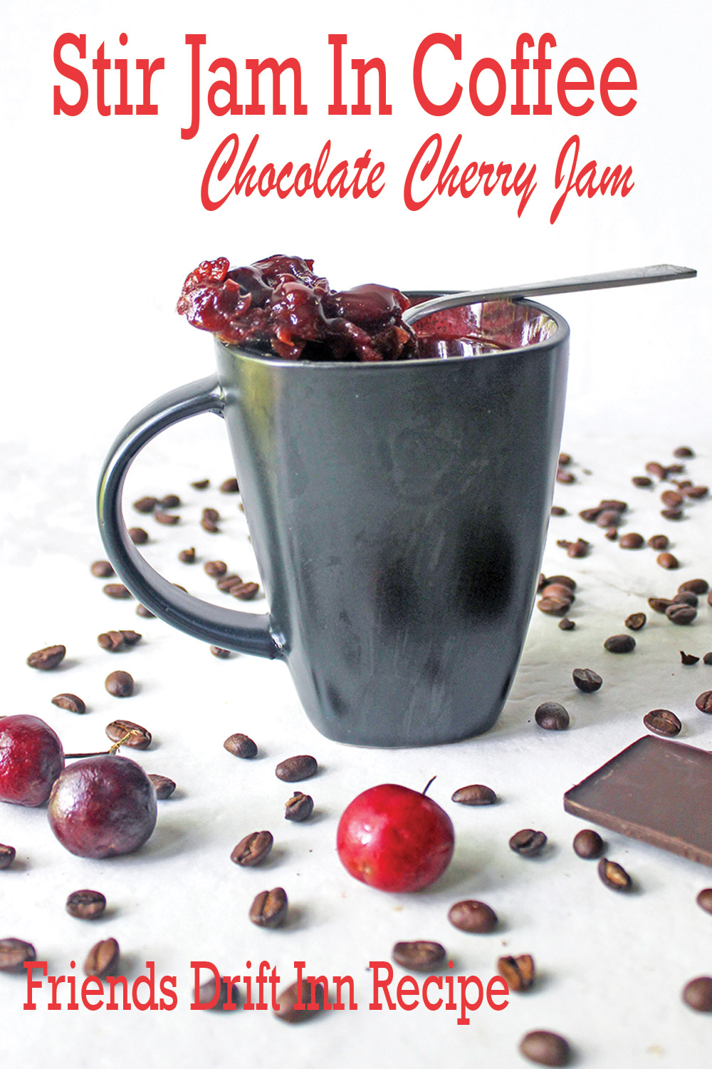 Coffee mug with chocolate cherry jam spoon