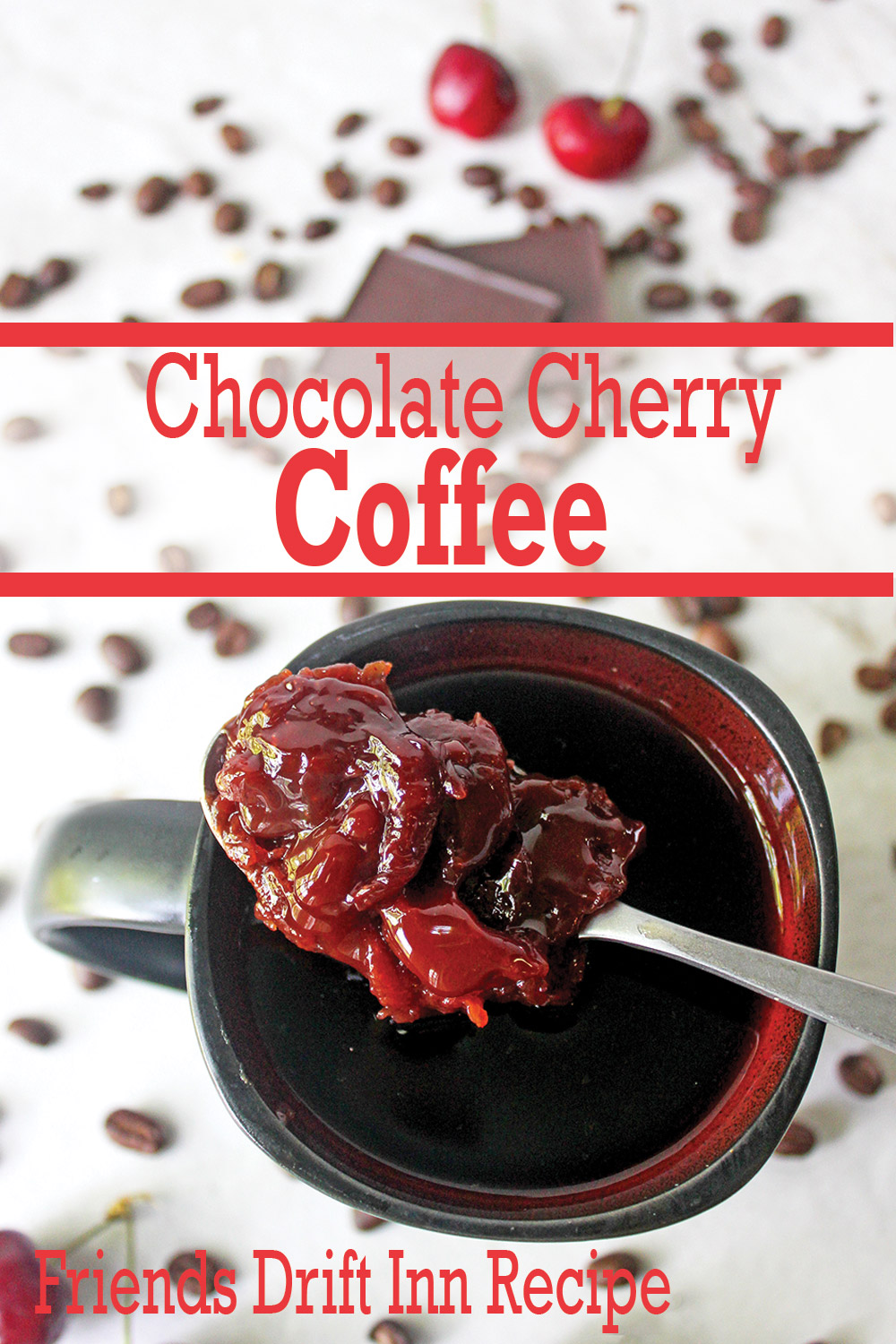 Cup of coffee with spoon of chocolate cherry jam resting across the top