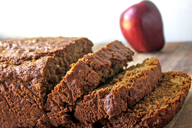 Apple bread sliced loaf with slices maintaining loaf shape reavealing texture