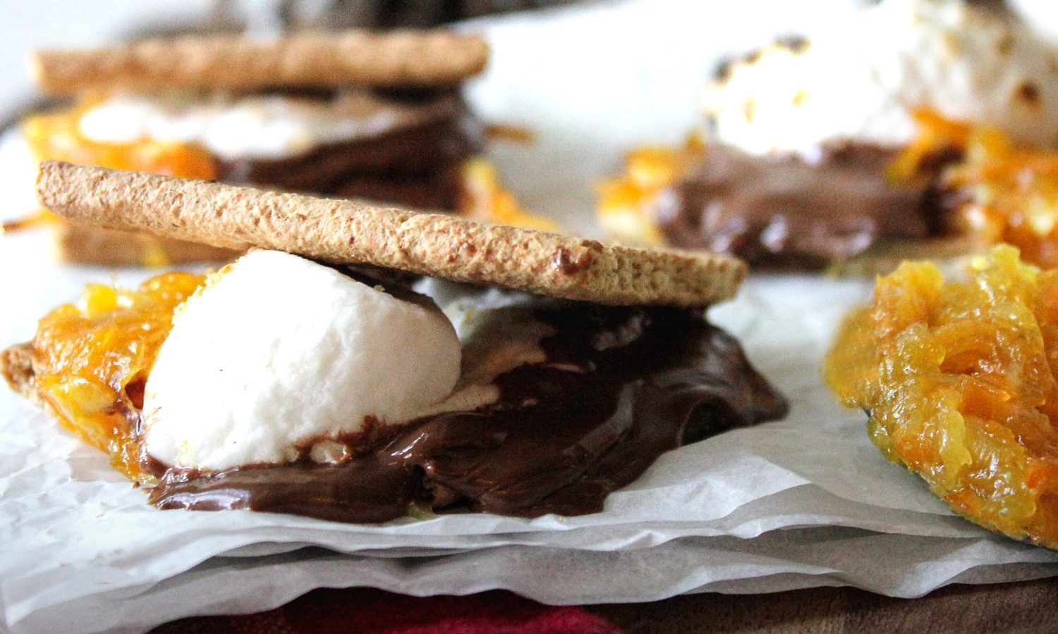 Orange Marmalade S'more Recipe with chocolate bars, graham crackers and marshmellows
