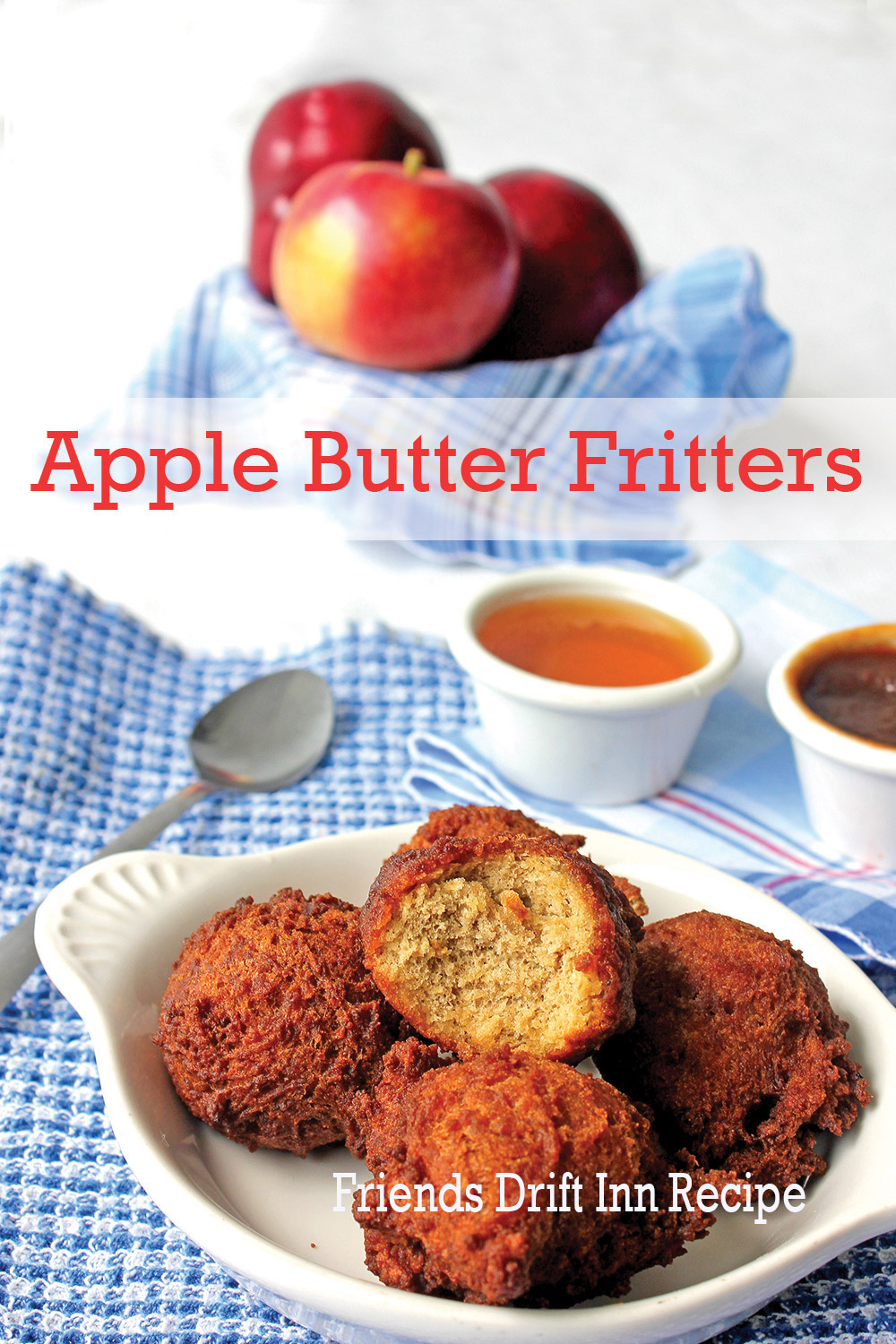 Apple Fritter Bites on a plate with Apple Butter and Honey and Apples in the Background