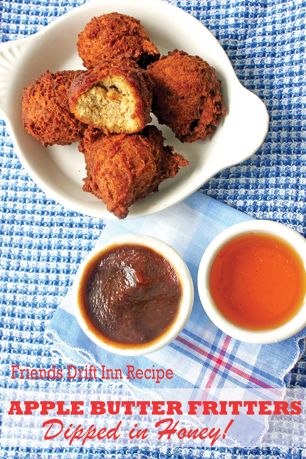 Apple butter fritters with apple butter and honey.