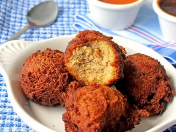 Apple Fritter Bites with apple butter and honey dippers