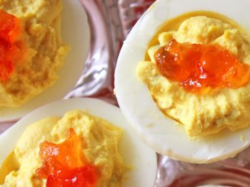 Simple Deviled Eggs get elevated with Friends Drift Inn red pepper jelly