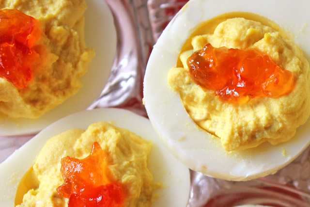 Simple Deviled Eggs get elevated with Friends Drift Inn red pepper jelly