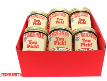 Red gift box with 6 Friends Drift Inn Jams - Labelled You Pick Your Assortment