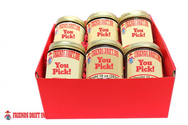 Red gift box with 6 Friends Drift Inn Jams - Labelled You Pick Your Assortment