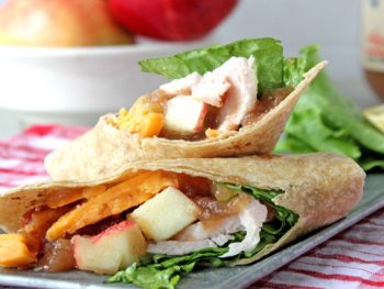 Turkey Wrap with apple butter cut on diagonal.